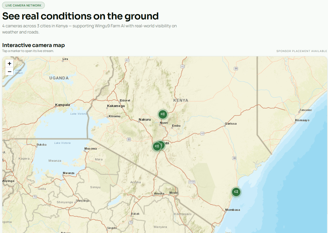 Wingu9 live camera network page with an interactive map of camera markers across Nyeri, Nairobi and Mombasa in Kenya.