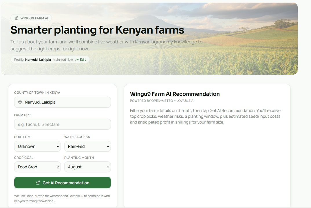 Wingu9 Farm AI planting advisor: a farm profile form for county, farm size, soil type, water access, crop goal and planting month, next to the AI crop recommendation panel.